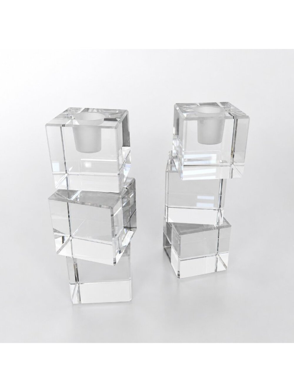 Pair Baccarat Intangible Cubed Crystal Taper Candleholders Arik Levy France 6"